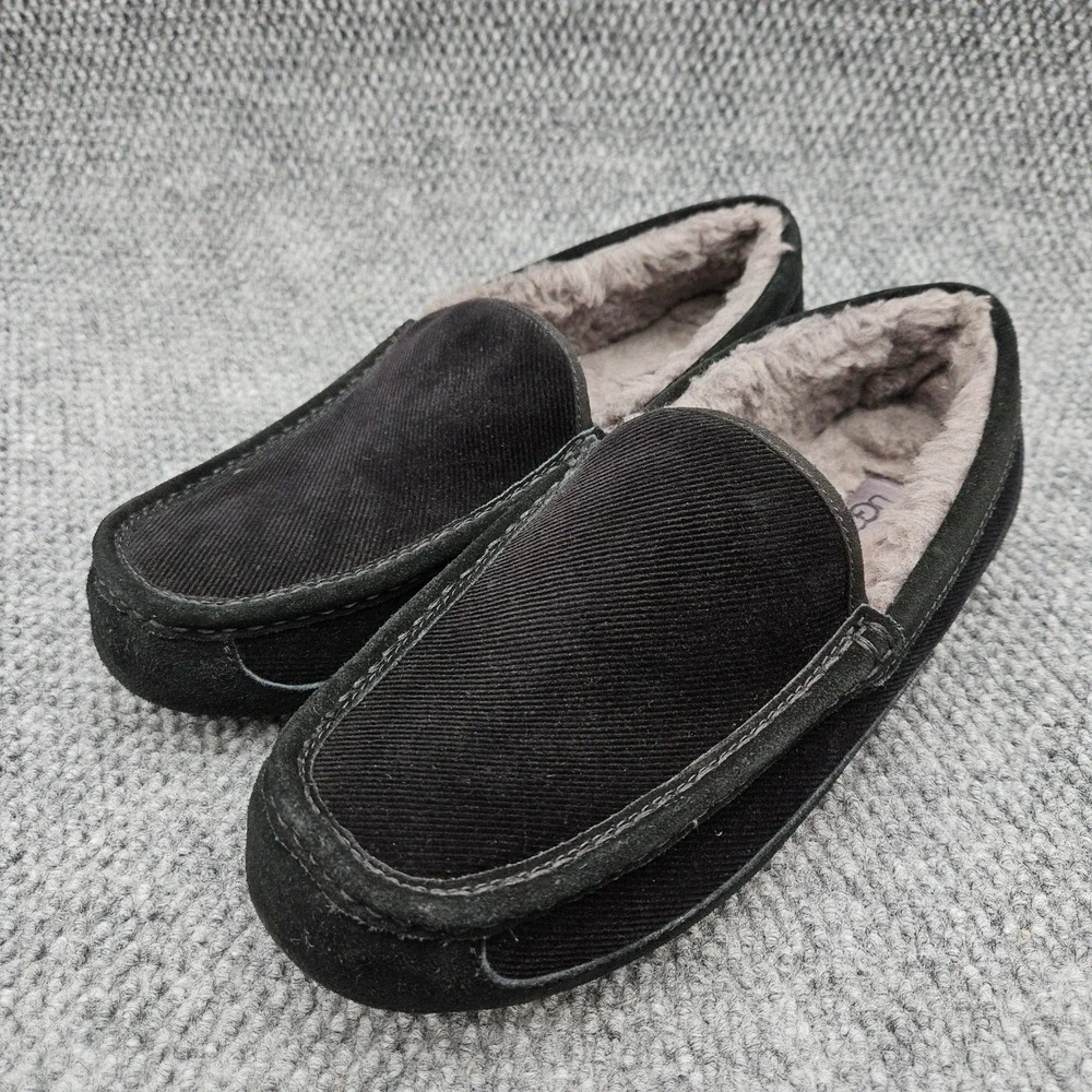 UGG (Men's 12) Black Ascot Corduroy Slippers Moccasins Shearling House Shoes